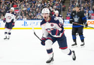 Adam Fantilli celebrates a goal vs Toronto. (Credits: IMAGN)
